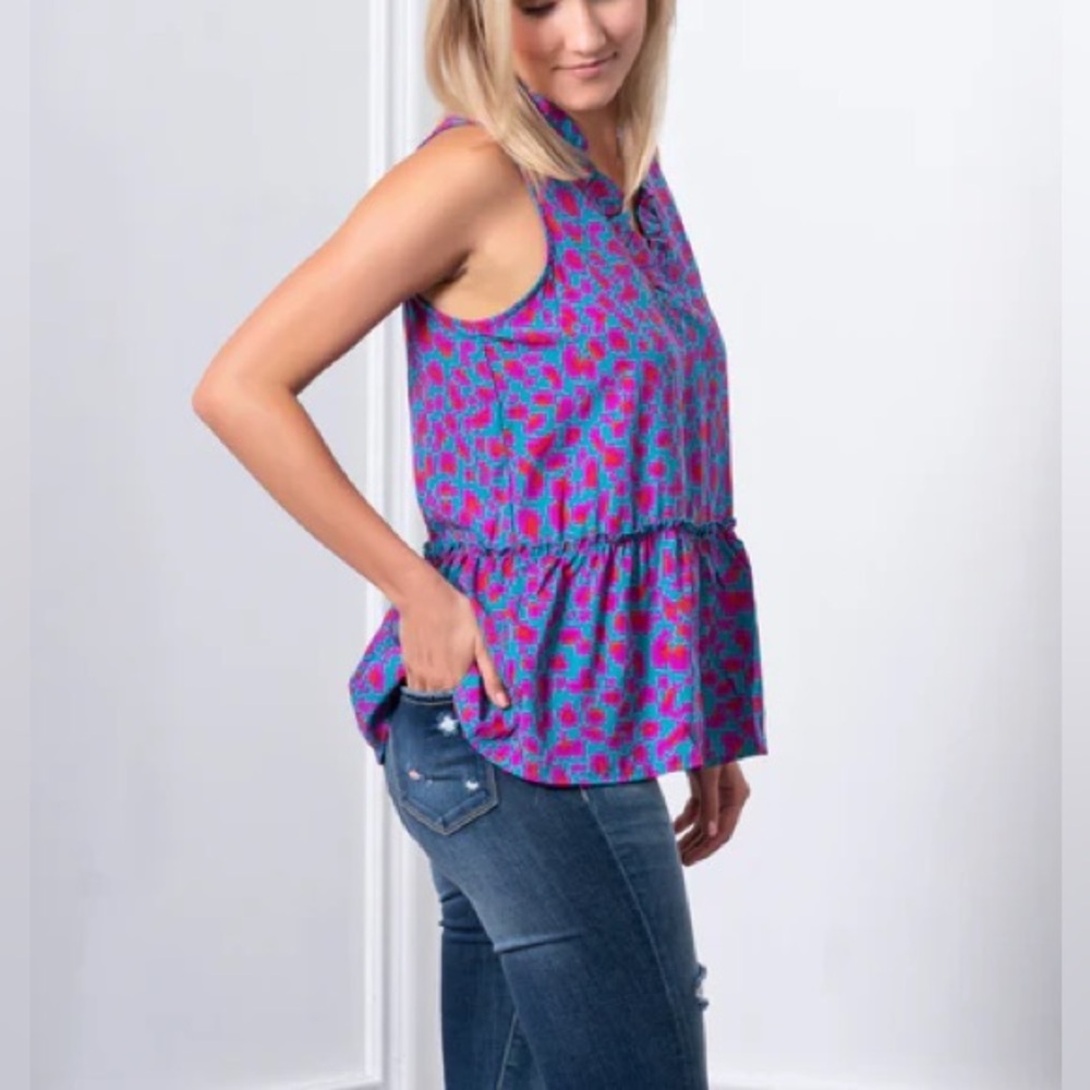FSL+ Apparel Purple Pink Leopard Print Peplum Blouse Sleeveless Ruffle Hem Top M